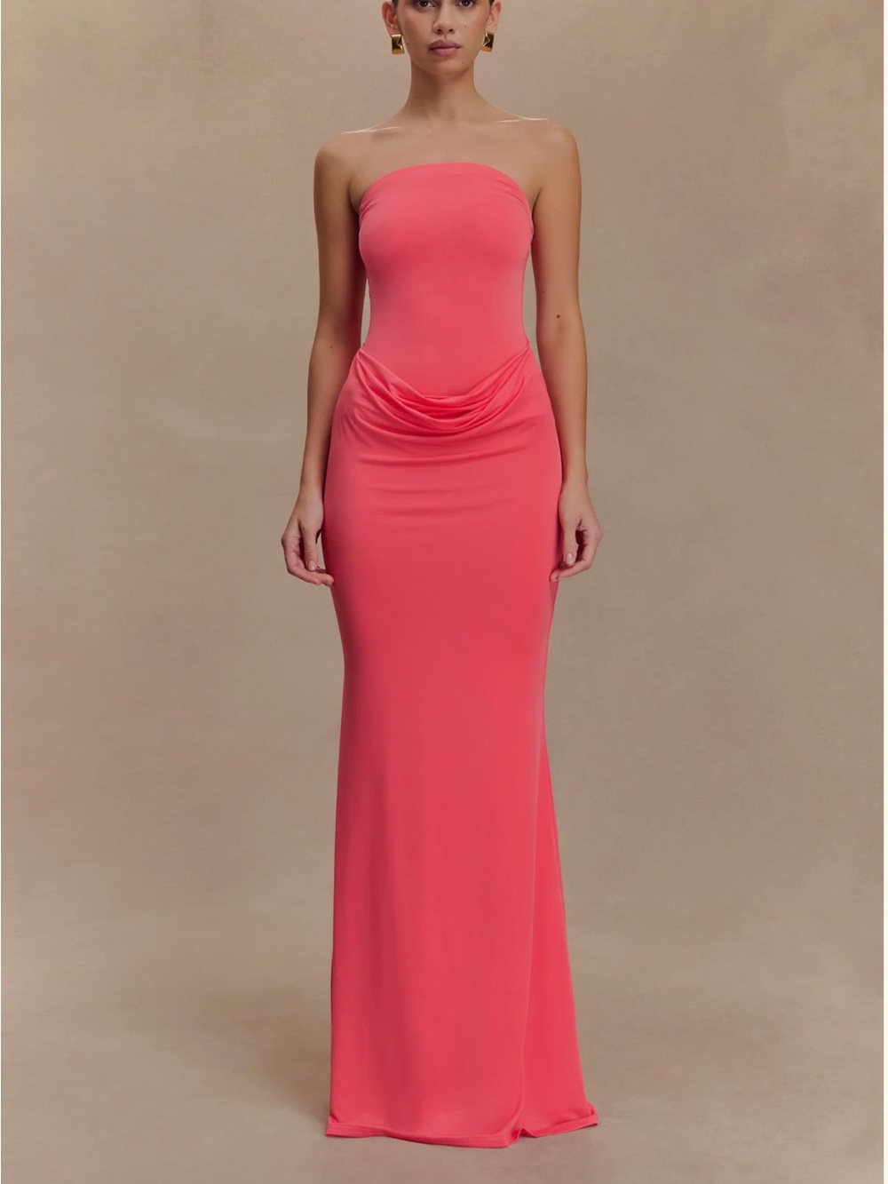Meshki Madison Strapless Slinky Maxi Coral Dress